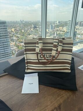 Celine Striped Canvas Tote Bag - Brown & Black with dust bag